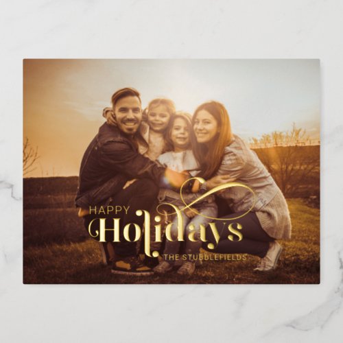 Family Photo Christmas Calligraphy Greetings Gold Foil Holiday Postcard
