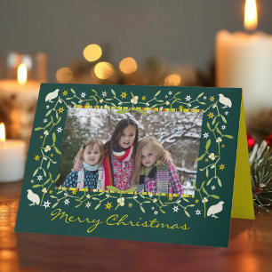 Family photo christmas card mistletoe stars green