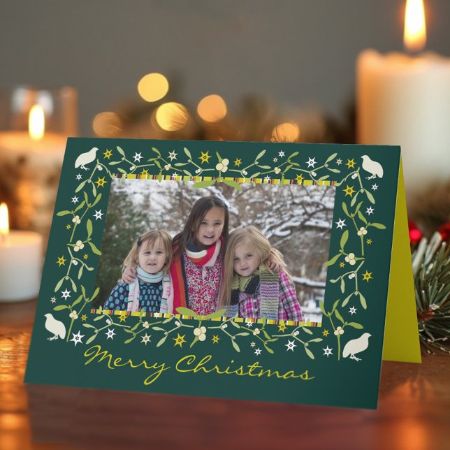 Family photo christmas card mistletoe stars green (Creator Uploaded)