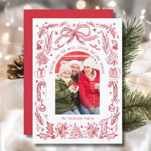 Family Photo Christmas Coquette Red Doodle Bow Holiday Card