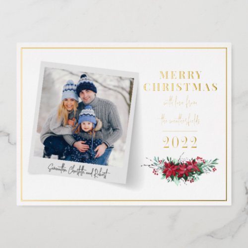 Family Photo Christmas Floral Script Foil Holiday Postcard