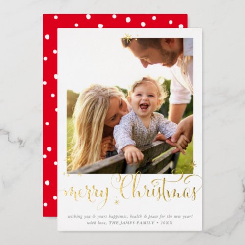 FAMILY PHOTO CHRISTMAS fun calligraphy merry red Foil Holiday Card