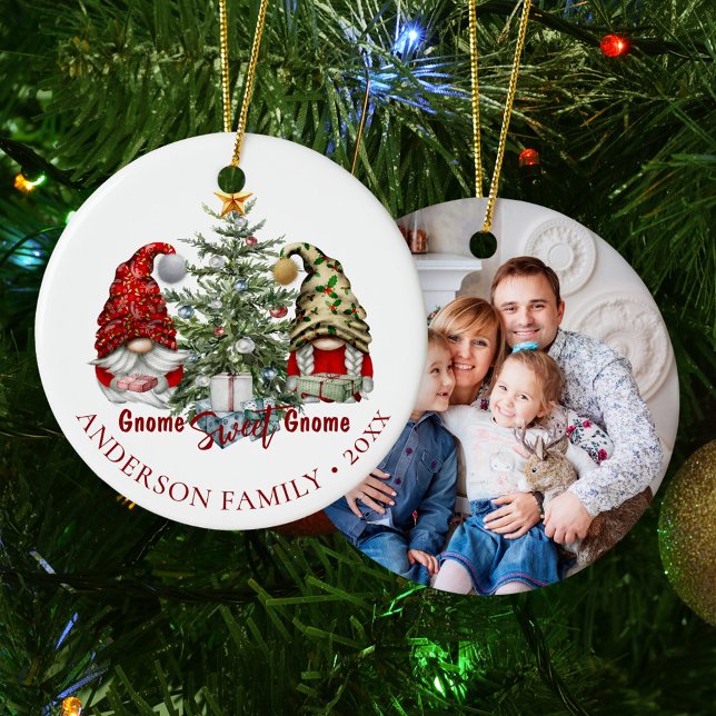 Family Photo Christmas Gnome Sweet Gnome Ceramic Ornament (Creator Uploaded)