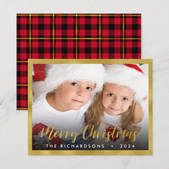 Family Photo Christmas Gold Foil Script Holiday Note Card (Front/Back)