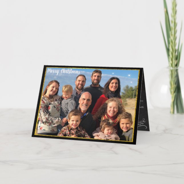 Family Photo Christmas Letter Gold Chalkboard Holiday Card (Front)