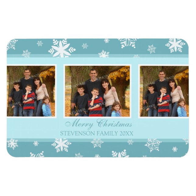 Family Photo Christmas Magnet Teal White Snow (Horizontal)
