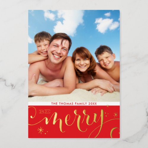 FAMILY PHOTO CHRISTMAS modern calligraphy merry Foil Holiday Card