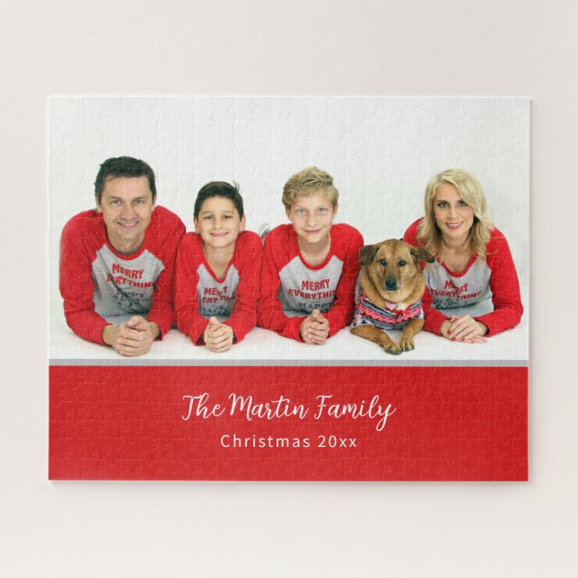 Family Photo Christmas Pajamas Personalized Red Jigsaw Puzzle (Horizontal)