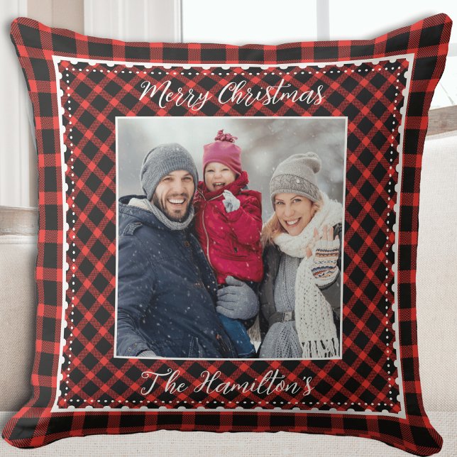 Family Photo Christmas Red Buffalo Plaid Throw Pillow (Family Photo Christmas Red Buffalo Plaid Throw Pillow)