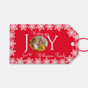 Family Photo Christmas Red White Snowflake V Gift Tags