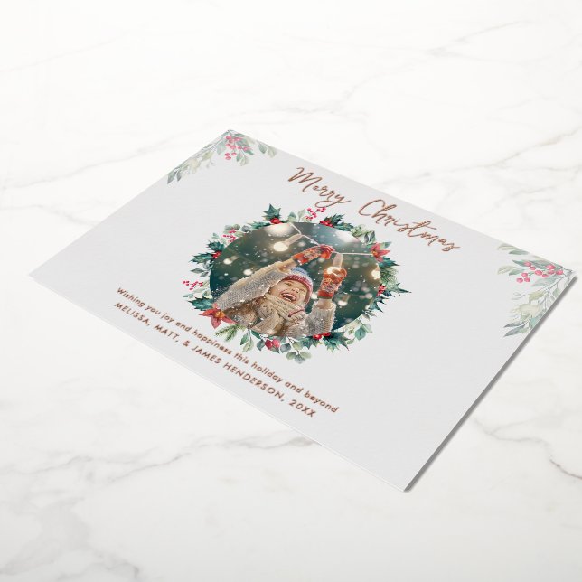 Family Photo Christmas Rustic Plaid Foil Holiday Card (Rotated)