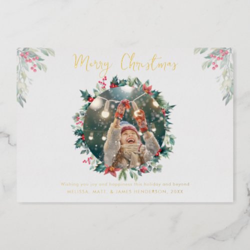 Family Photo Christmas Rustic Plaid Gold Foil Holiday Card