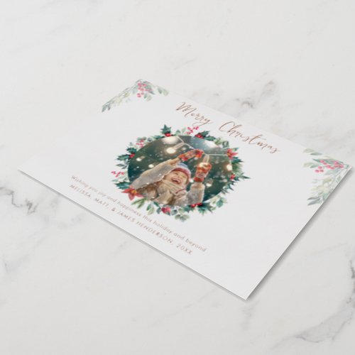 Family Photo Christmas Rustic Plaid Rose Gold Foil Holiday Card
