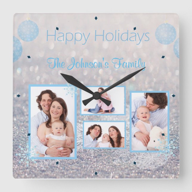Family PHOTO Christmas Snowy Square Wall Clock (Front)