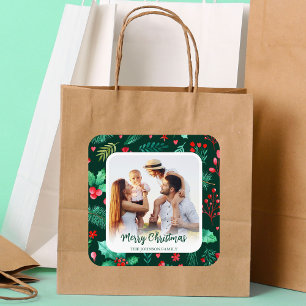 Family Photo Christmas Watercolor Botanicals Square Sticker