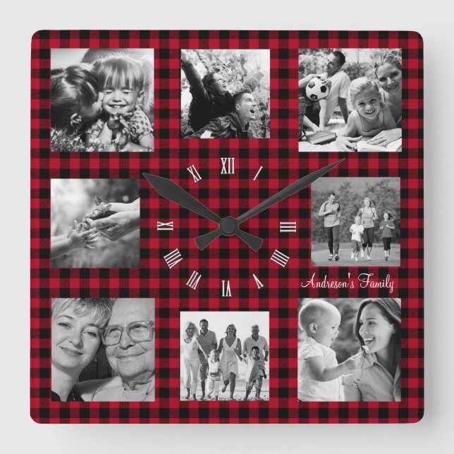 Family Photo Clock, Collage of 8, Buffalo Plaid Square Wall Clock (Front)