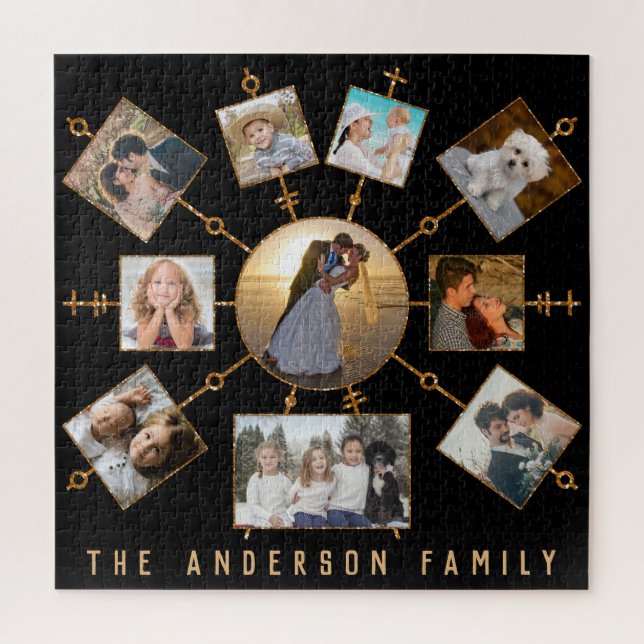 Family Photo Collage 10 Pics Black Gold Name Jigsaw Puzzle (Vertical)
