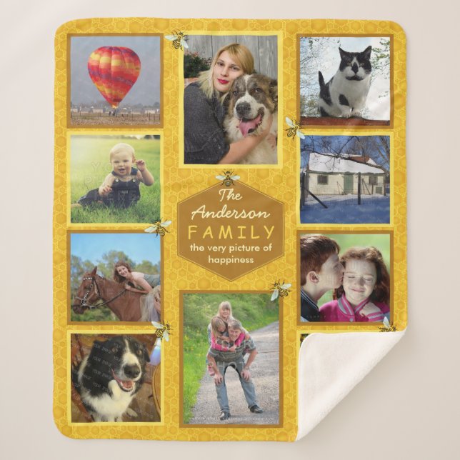 Family Photo Collage 10 Pictures | Honeybee Theme Sherpa Blanket (Front)