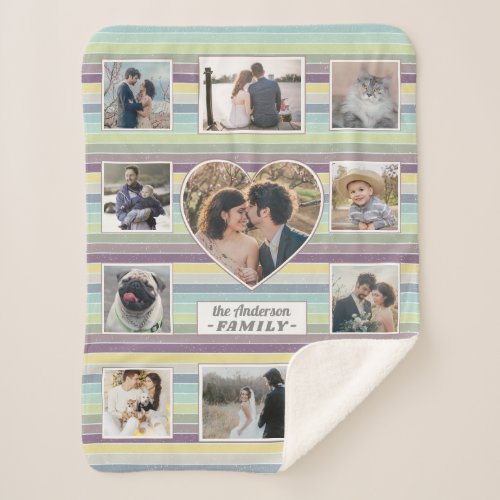 Family Photo Collage 11 Custom Heart Retro Stripe Sherpa Blanket