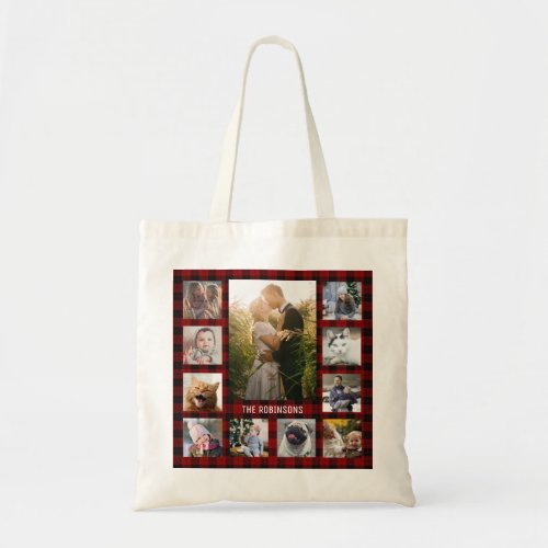 Family Photo Collage 11 Instagram Pics  Red Plaid Tote Bag