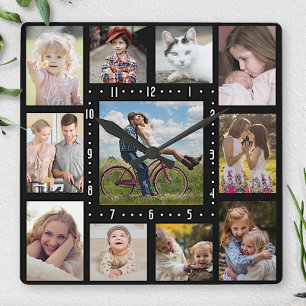 Family Photo Collage 11 Instagram Pictures Black Square Wall Clock