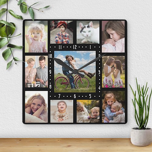 Family Photo Collage 11 Instagram Pictures  Black Square Wall Clock