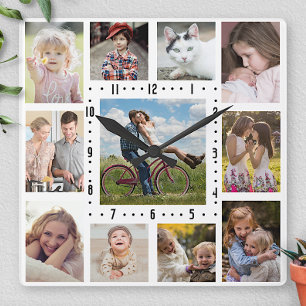 Family Photo Collage 11 Instagram Pictures White Square Wall Clock