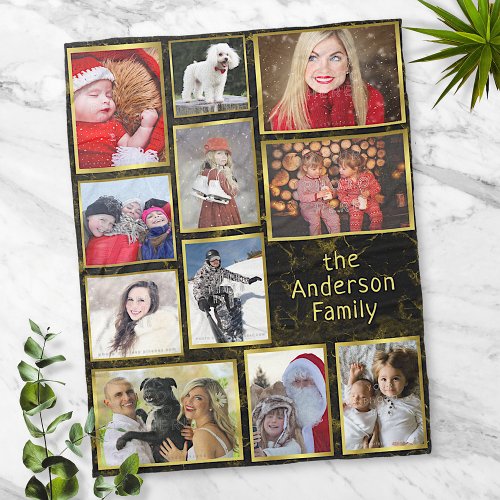 Family Photo Collage 11 Pic Black Marble Gold Easy Fleece Blanket