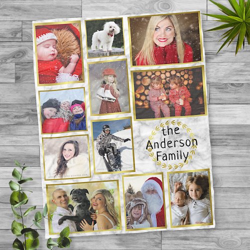Family Photo Collage 11 Pictures Marble Gold Easy Fleece Blanket