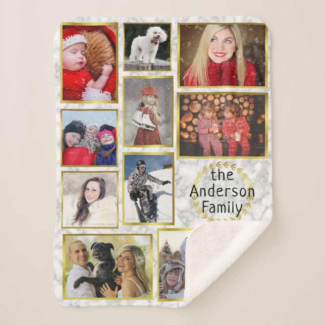 Family Photo Collage 11 Pictures Marble Gold Easy Sherpa Blanket (Front)