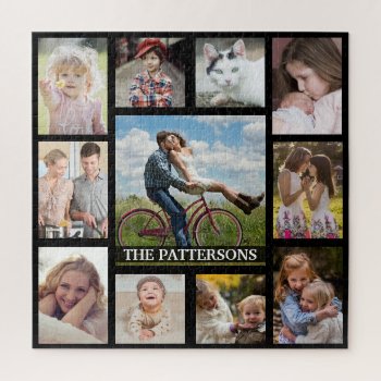 Family Photo Collage 11 Pictures Name Square Black Jigsaw Puzzle by PictureCollage at Zazzle