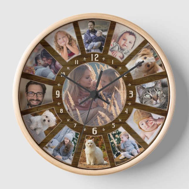 Family Photo Collage 13 Custom Easy Farmhouse Wood Clock (Front)