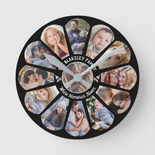 Family Photo Collage 13 Custom Flower Shape Black Round Clock