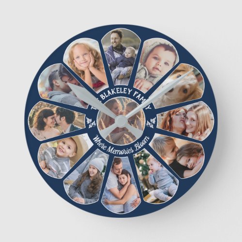 Family Photo Collage 13 Custom Flower Shape Blue Round Clock