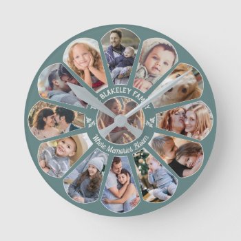 Family Photo Collage 13 Custom Flower Shape Teal Round Clock by PictureCollage at Zazzle