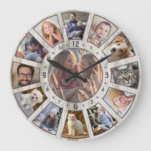 Family Photo Collage 13 Farmhouse Wood Custom Easy Large Clock