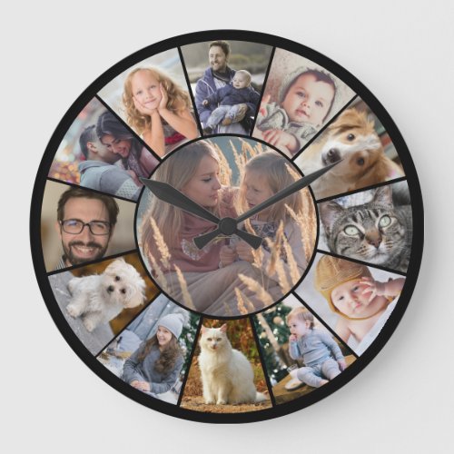 Family Photo Collage 13 Instagram Pics Easy Black Large Clock