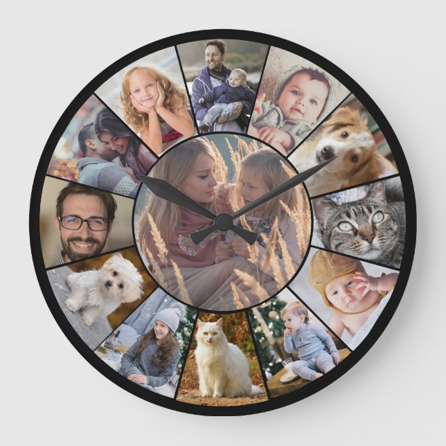 Family Photo Collage 13 Instagram Pics Easy Black Large Clock (Front)