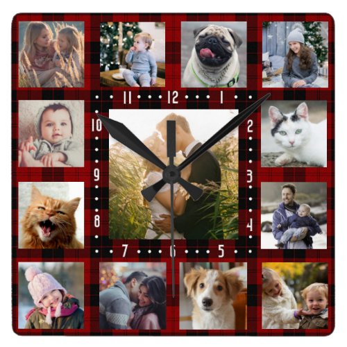 Family Photo Collage 13 Instagram Pics | Red Plaid Square Wall Clock