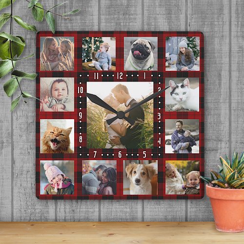 Family Photo Collage 13 Instagram Pics  Red Plaid Square Wall Clock