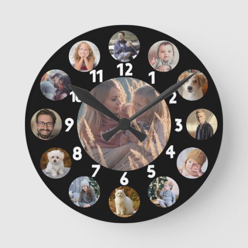 Family Photo Collage 13 Instagram Pictures  Black Round Clock