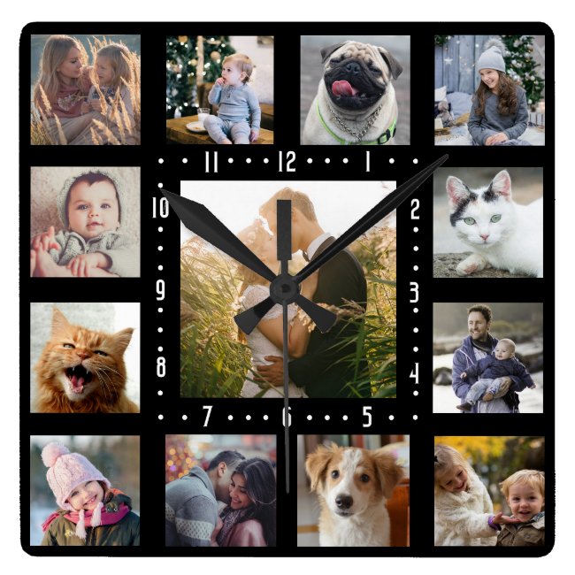 Family Photo Collage 13 Instagram Pictures | Black Square Wall Clock