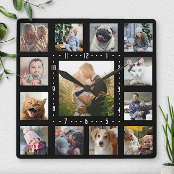 Family Photo Collage 13 Instagram Pictures | Black Square Wall Clock by PictureCollage at Zazzle