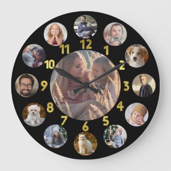 Family Photo Collage 13 Instagram Pictures | Gold Large Clock by PictureCollage at Zazzle