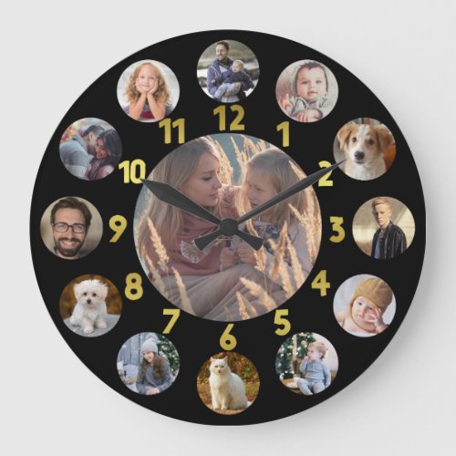 Family Photo Collage 13 Instagram Pictures  Gold Large Clock