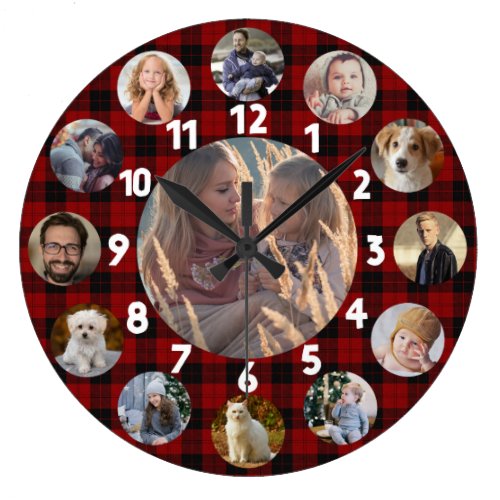 Family Photo Collage 13 Instagram Pictures | Plaid Large Clock