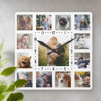 Family Photo Collage 13 Instagram Pictures | White Square Wall Clock by PictureCollage at Zazzle