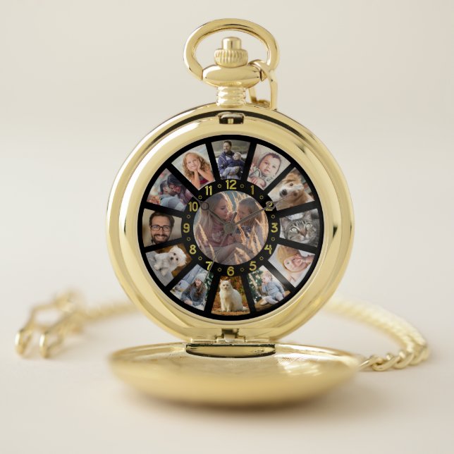 Family Photo Collage 13 Pics Gold Numbers Black Pocket Watch (Inside)