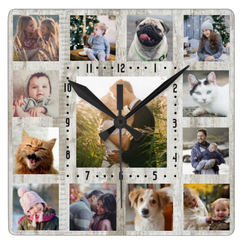 Family Photo Collage 13 Pics Rustic Farmhouse Wood Square Wall Clock