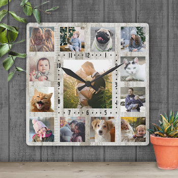 Family Photo Collage 13 Pics Rustic Farmhouse Wood Square Wall Clock by PictureCollage at Zazzle